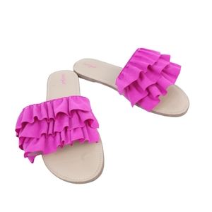 Cat & Jack Girls Sandals Open Toe Size 3, Tan, Pink Ruffles, Flat Summer Shoes